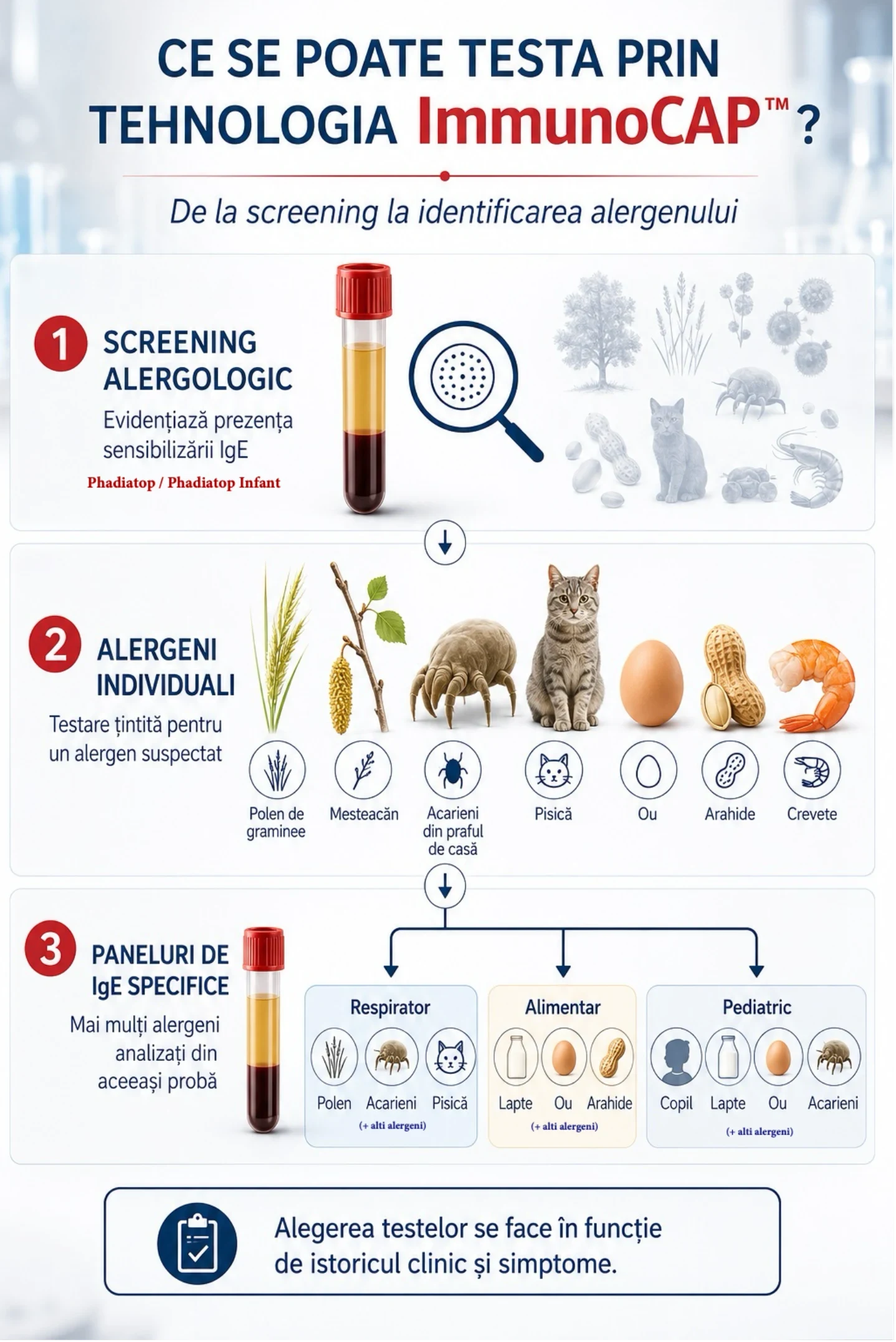 Optiuni de testare a IgE specifice prin tehnologia ImmunoCAP: screening alergologic, alergeni individuali si paneluri de IgE specifice