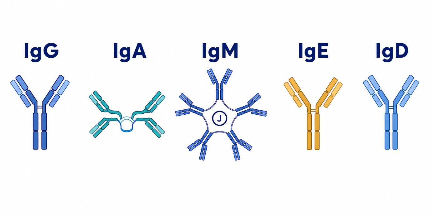 Cele cinci clase de imunoglobuline prezente in corpul uman: IgG, IgA, IgM, IgE si IgD