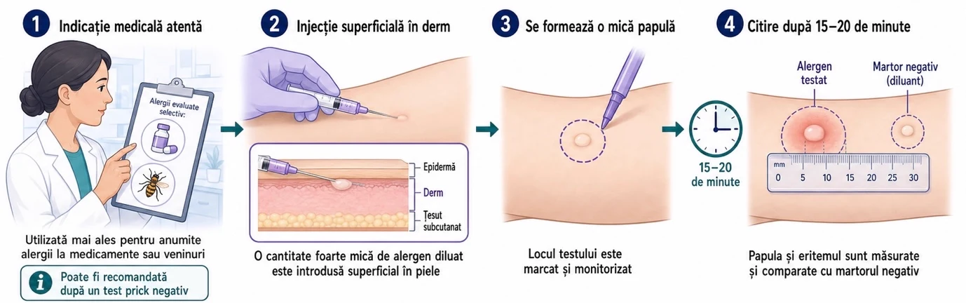 Principiul testarii intradermice: injectarea unei cantitati mici de alergen la nivelul dermului