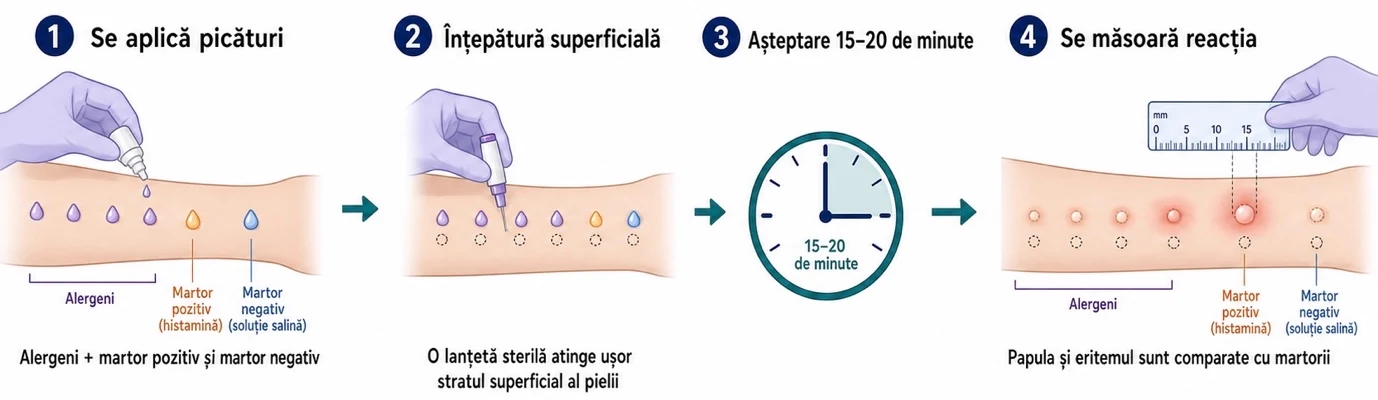 Principiul testarii skin prick: aplicarea picaturilor cu extracte alergenice si inteparea superficiala a pielii