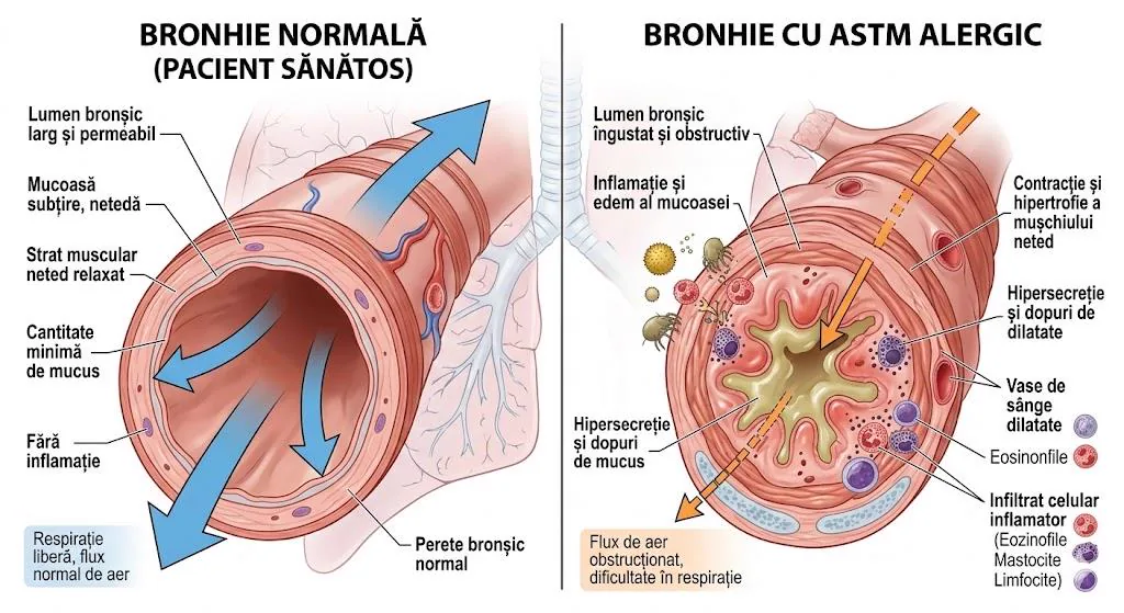 Comparatie intre o bronhie sanatoasa si o bronhie afectata de astm alergic