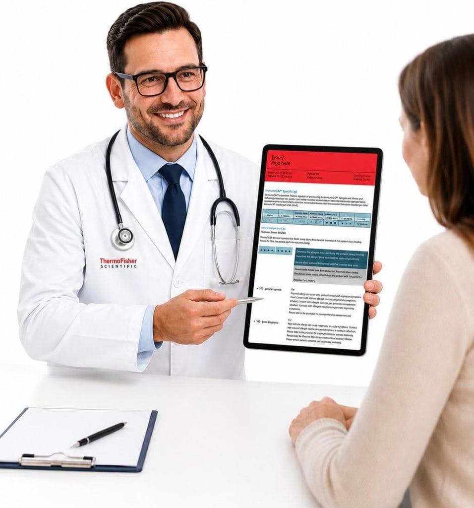 Medic care explica pacientei un raport de testare ImmunoCAP cu IgE specifice