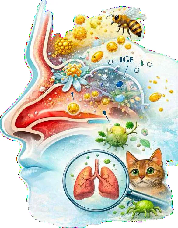 Ilustratie despre rinita alergica, alergeni si mecanismul IgE